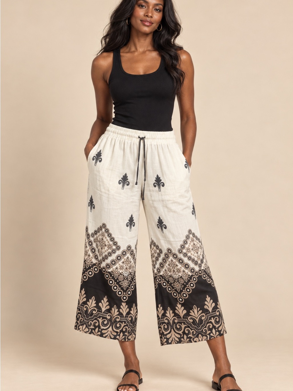 Boho Wide Leg Printed Drawstring Pants - Black & Cream